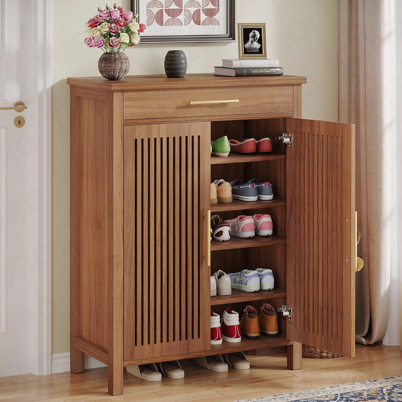 Armoire à chaussures à 5 niveaux, portes à persiennes, tiroir pour entrée - brun