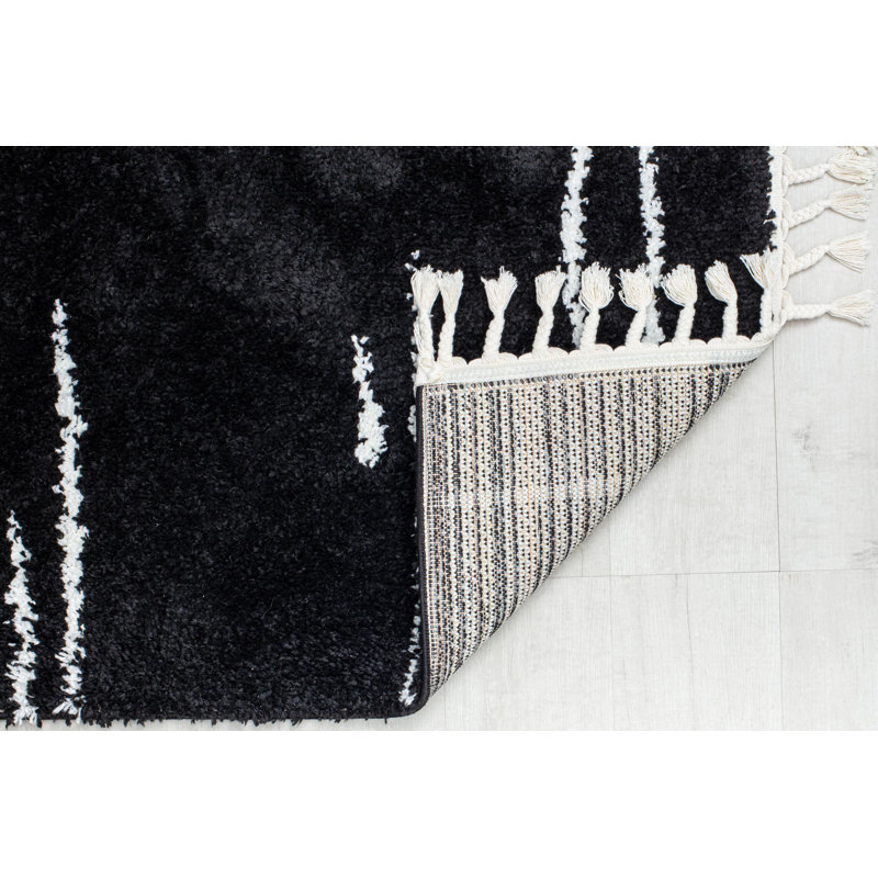 Introspective Black Abstract Shag Synthetic Area Rug with Braided Tassels