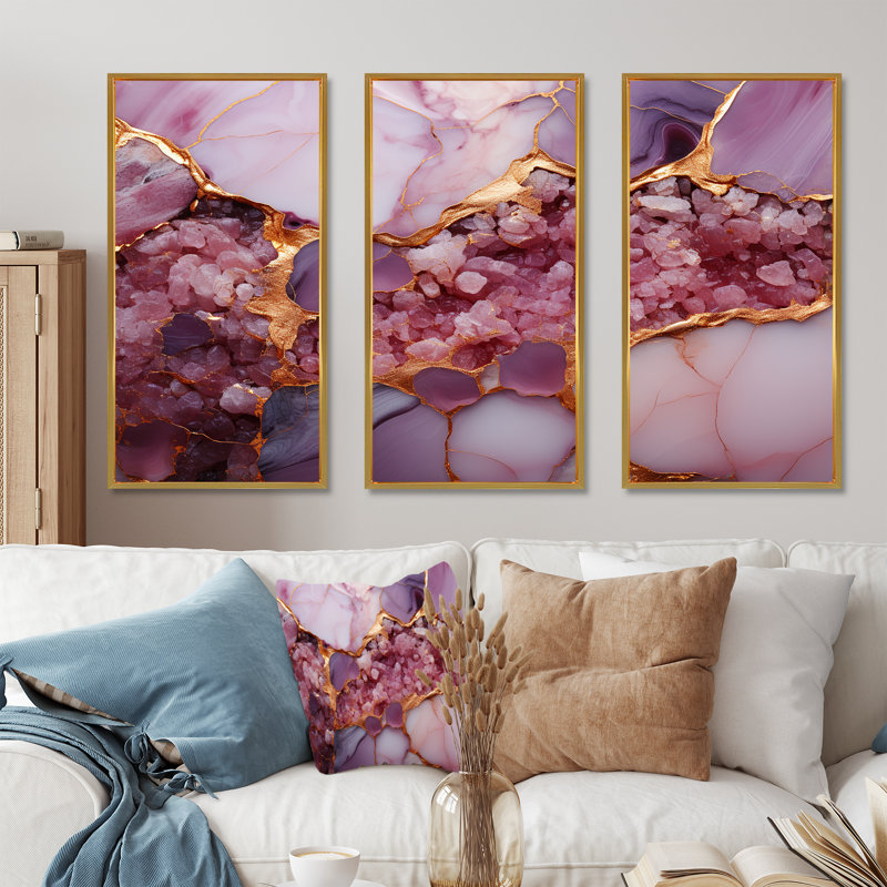 «Rose and Gold Marble Agate River IV», reproduction d'art murale abstraite, Cadre flottant doré, H 40 po x l 61 po x P 1 po