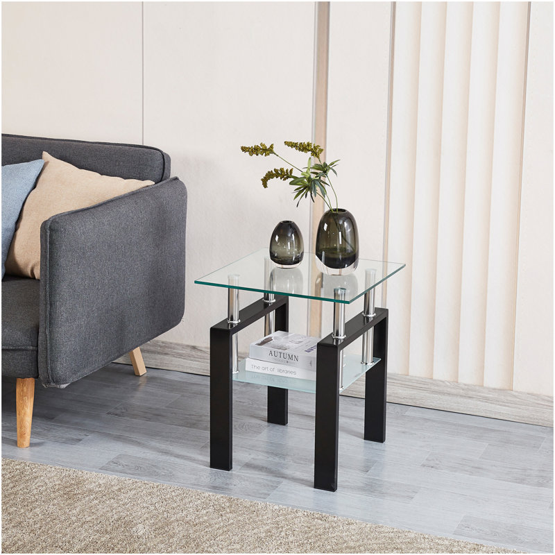 Table de bout en verre trempé transparent, petite table à 2 niveaux avec rangement, table d'appoint de salon, 1, Clair