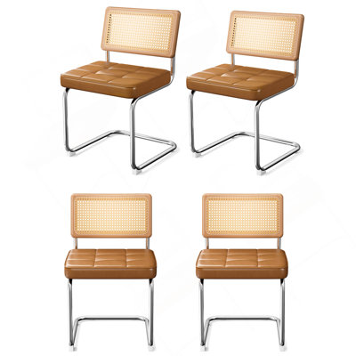 Ensemble de 4 chaises de salle à manger en rotin naturel, chaises de salle à manger modernes avec dossier en bois pour le salon de la cuisine, inspiré du design Mid-Century Breuer, similicuir rembourré (brun)