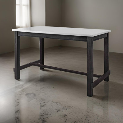 Rectangular Marble Top Counter Height Wooden Table with Trestle Base, Gray
