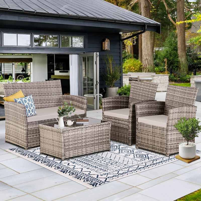 Ensemble de mobilier d'extérieur en osier 4 pièces, canapé modulaire en rotin, ensemble de conversation pour patio avec coussin et table basse, pour le porche de la piscine