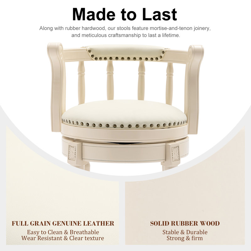Full-Grain Leather Bar Stool Counter Height Stool Solid Wood Swivel Barchair with Footrest for Kitchen Dining Room Living Room