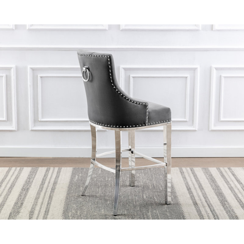 Kairin Upholstered Counter Stool, Barstool (45" Seat Height), Dark Gray Velvet / Silver