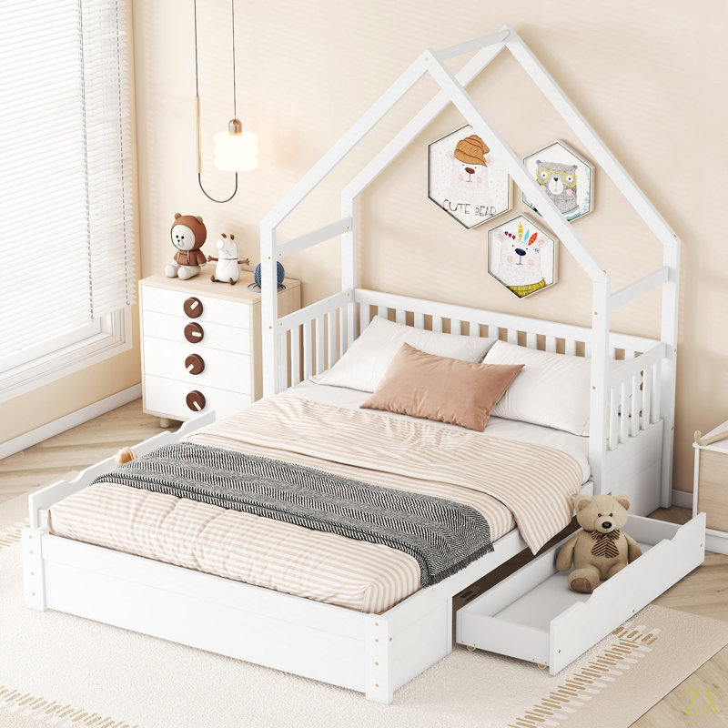 Grand lit plateforme en bois avec garde-corps et 2 tiroirs, Blanc