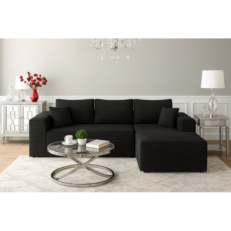 Canapé modulaire en velours côtelé 2 pièces 104 po avec méridienne 104 po côté droit - revêtement en L noir, Orienté à droite