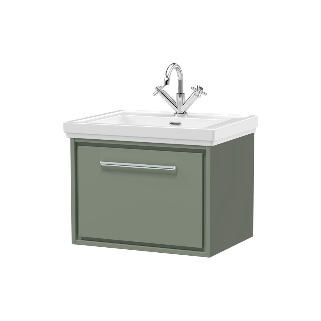 Hudson Reed Lille 600mm Fern Green 1 Drawer Wall Hung Vanity Unit With 1 Tap Hole Fireclay Basin