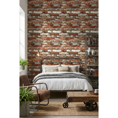 Papier peint industriel effet brique autocollant, fresque murale rustique