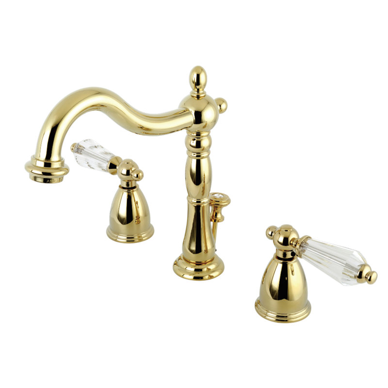 Kingston Brass Wilshire Two-Handle 3-Hole Deck Mount Widespread Bathroom Faucet with Pop-Up Drain, Polished brass
