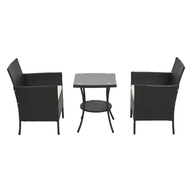 3-Piece PE Rattan Garden Furniture Bistro Set, Beige Cushion/Black Frame