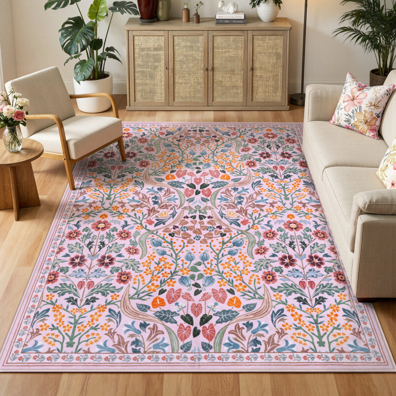 Tapis lavable à motif floral Kaldi, Rectangle 5 pi x 7 pi, Rose