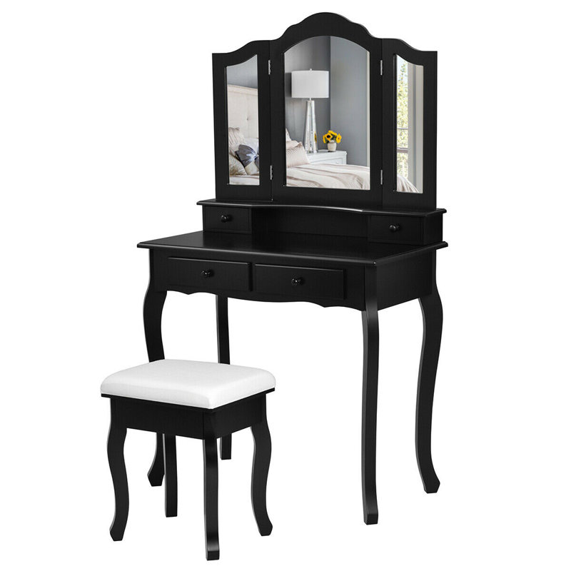 Ensemble coiffeuse avec tabouret et miroir Sindelar, Noir