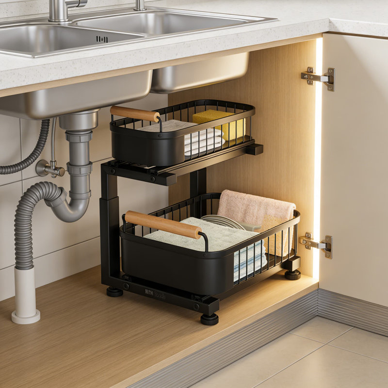 Organisateur robuste sous l'évier, organisateur d'armoire coulissant à 2 niveaux avec hauteur réglable et paniers coulissants à roulement à billes pour le rangement de la cuisine et de la salle de bain