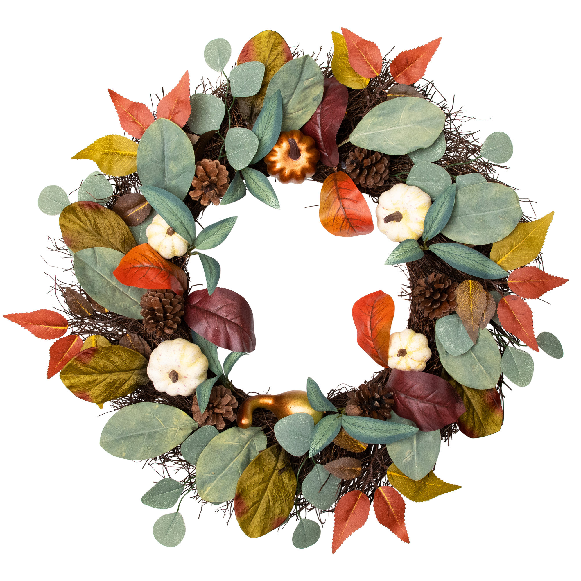 Primrue Pumpkin Pinecone and Gourd Artificial Fall Harvest Wreath 24 ...