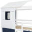 Lit superposé simple avec tente bleue et blanche, conception semblable à une maison dans les arbres pour le plaisir, bois massif et construction, espace de rangement spacieux sous le jeu