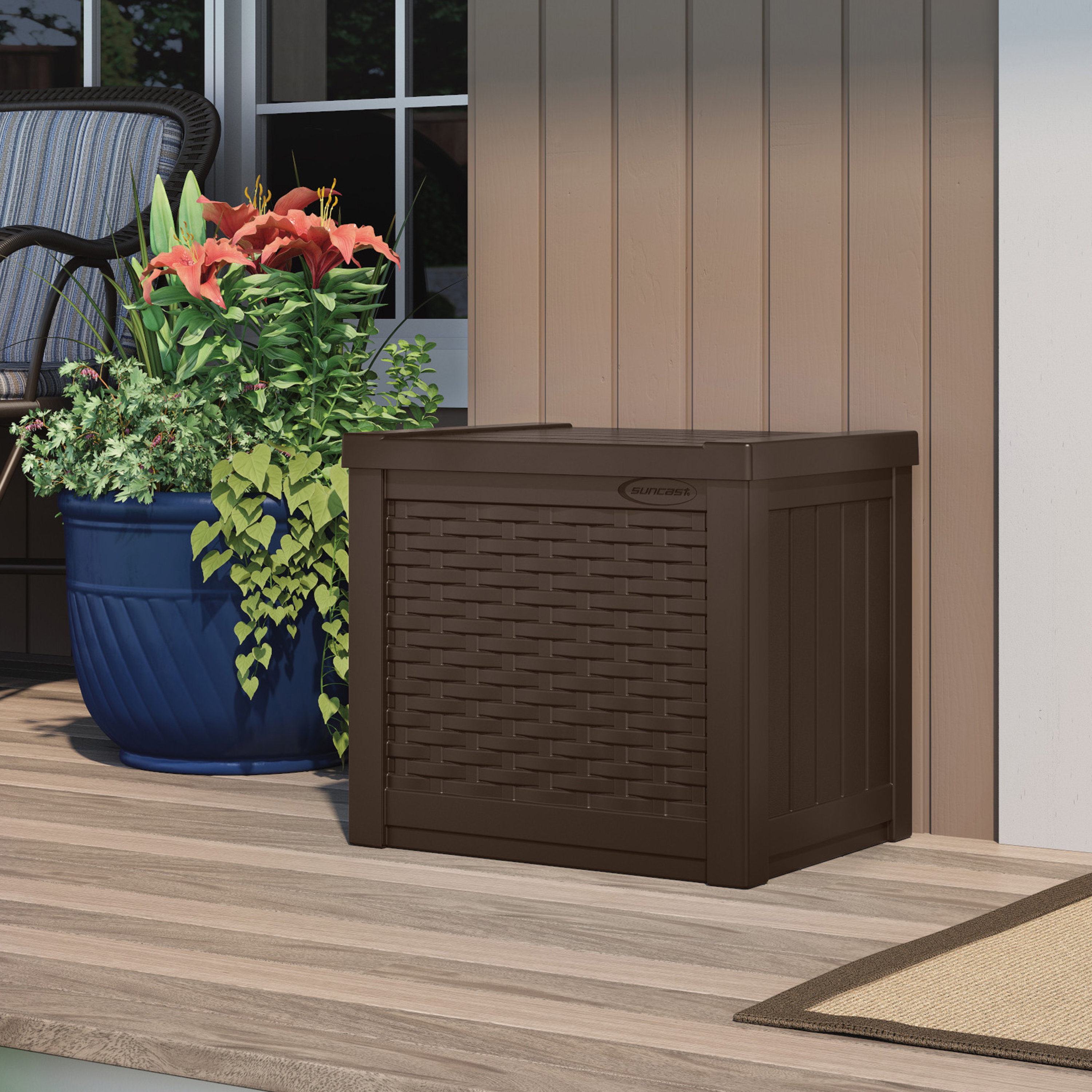 Suncast 50 gallon java resin storage seat deck on sale box brown garden bench furniture