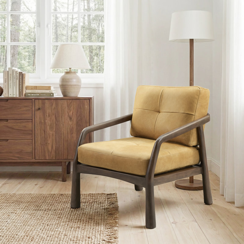 29.5" Wide Full-Grain Genuine Leaher Upholstered Accent Armchair With Solide Wood Frame, Light Brown