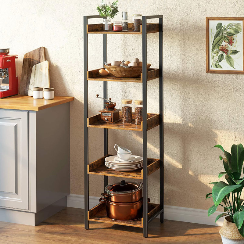 5 Tier Narrow Corner Bookshelf, Wooden Display and Storage, Rustic Brown, 54" H x 15" W x 11" D