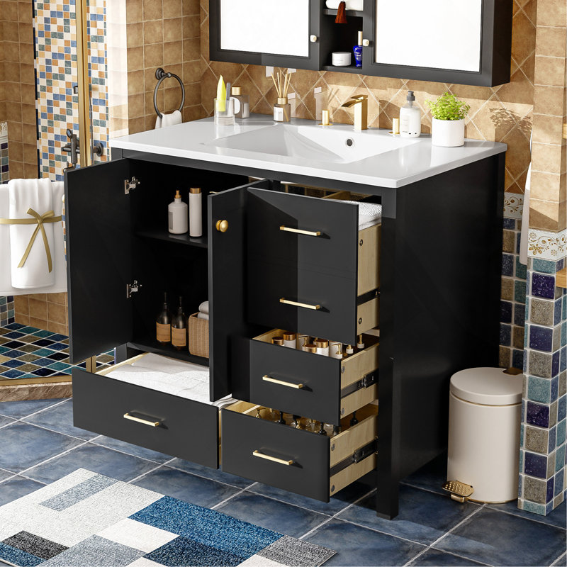 Ensemble de meuble-lavabo sur pied 36 po avec lavabo en céramique 36 po, ensemble de meuble-lavabo autoportant avec 4 tiroirs et portes à fermeture douce, noir