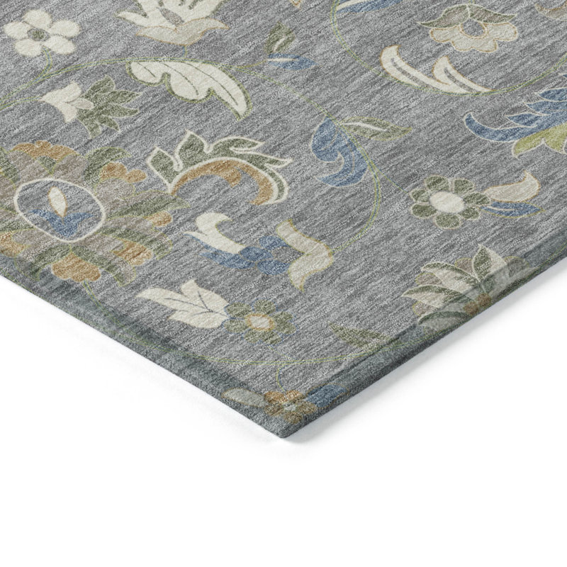 Tapis intérieur lavable floral 10 pi x 14 pi bleu gris