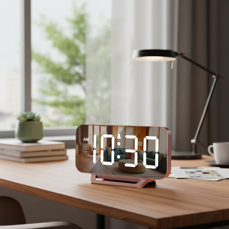 Thin Digital Decor Clock, Rose Gold LED 6-Level Dimming, Plug-In Battery Backup, Gold/Pink
