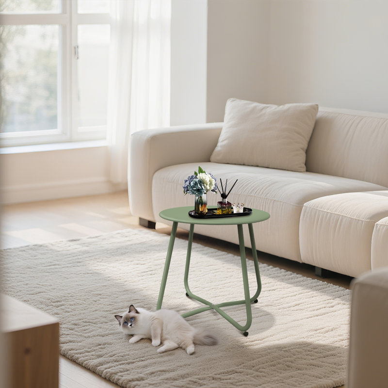 Outdoor Side Table, 18'' Round End Table With Square Feet, Green