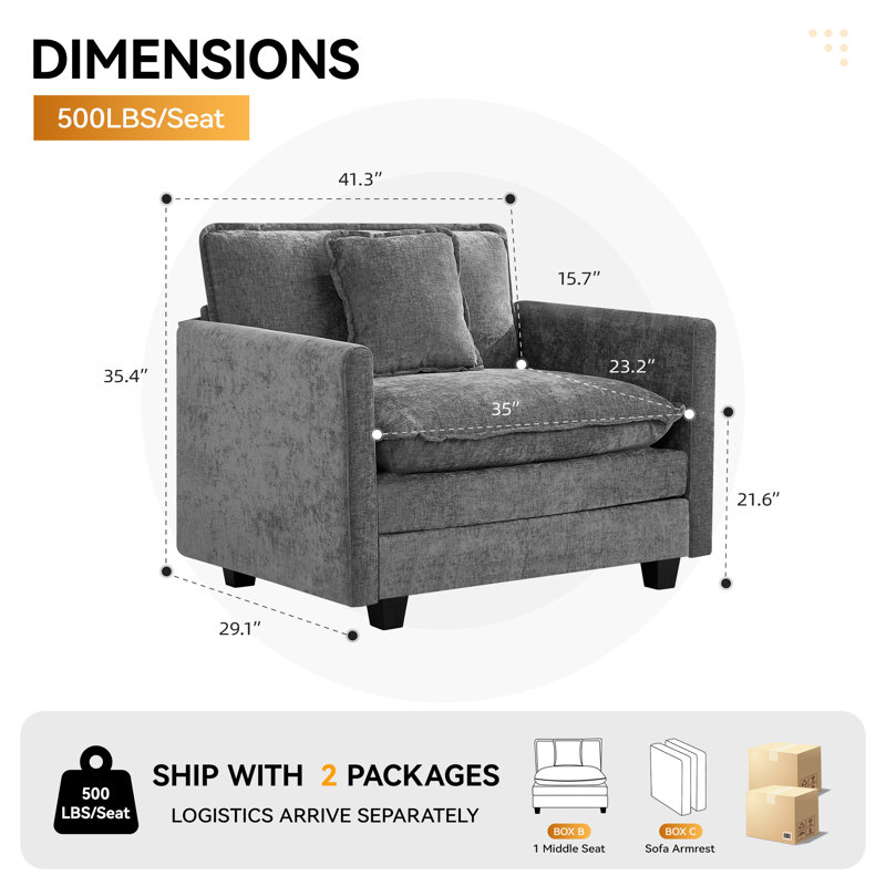 Fauteuil d'appoint rembourré en chenille de 41,3 po de largeur avec siège très profond, Gris clair