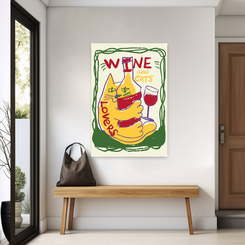 «Wine Cat Lovers», art mural moderne et ludique, H 60 po x l 40 po