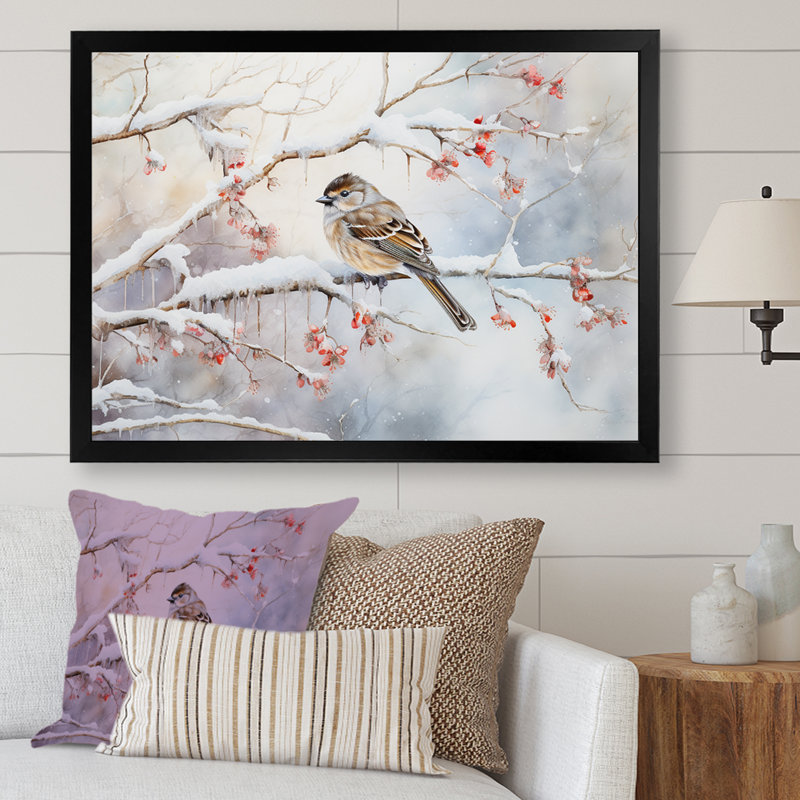 «Winter Snowy Bird Charm Landscape», art mural neige, Cadre simple noir, H 16 po x l 32 po x P 1 po