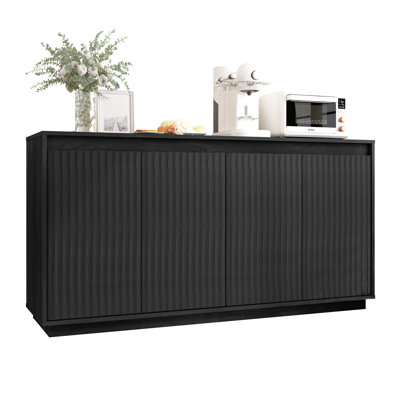 4 Door Black Wood Sideboard Buffet Cabinet with Power Outlet, Wavy Vertical Texture Accent Cabinet with No-Handle Design (Door Top Edge as Handle), Freestanding Kitchen Storage Cabinet for Dining Room