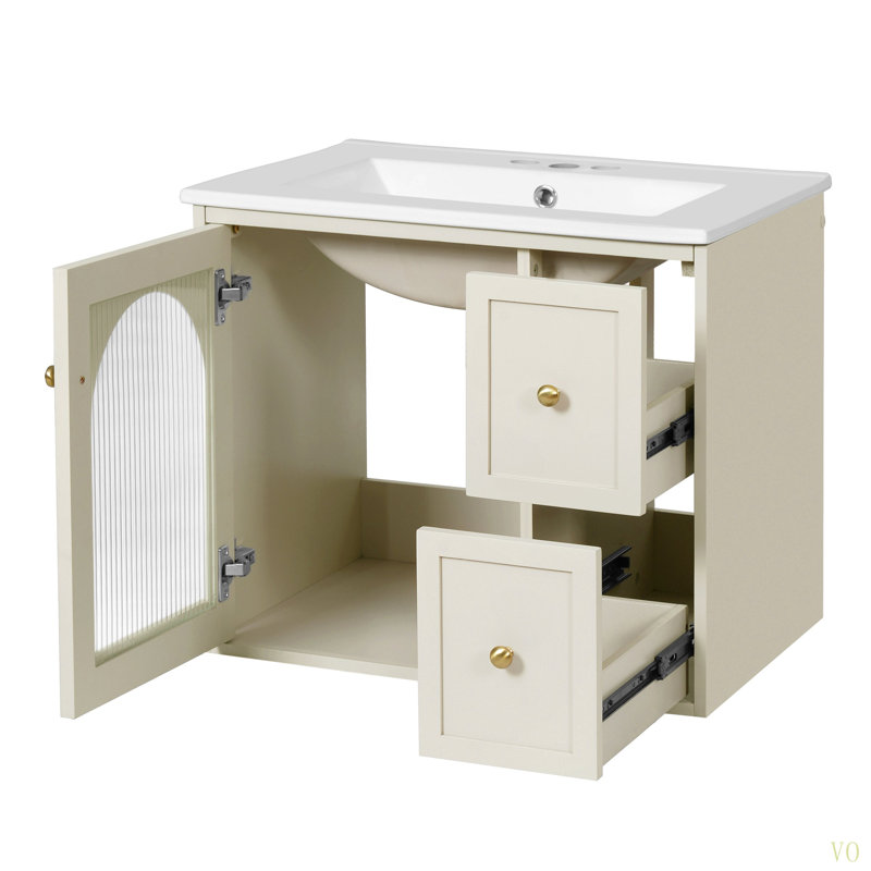 Ensemble de meuble-lavabo mural 24 po pour petit espace, armoire de salle de bain avec lavabo en céramique, 2 tiroirs et 1 porte à fermeture en douceur