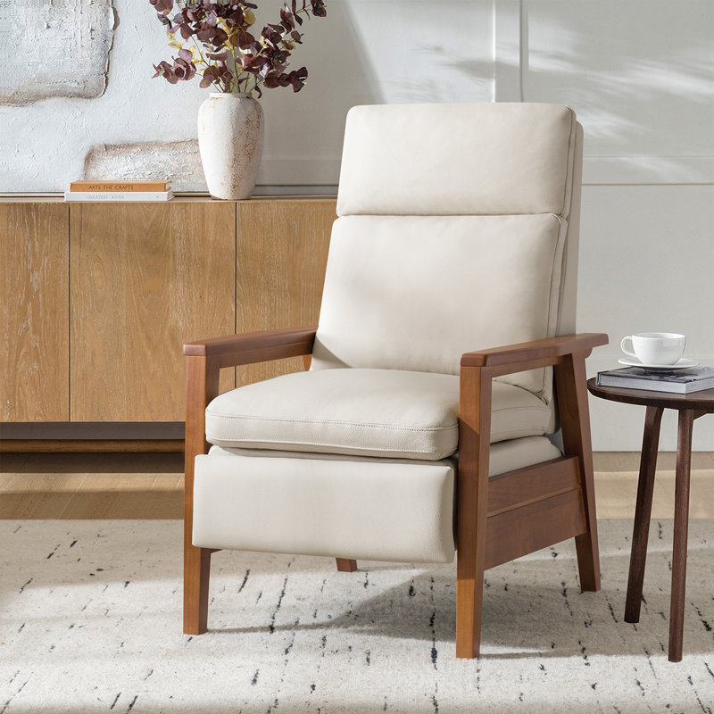 Fauteuil inclinable Gladys Mid-Century en cuir véritable avec accoudoirs en bois massif, Beige