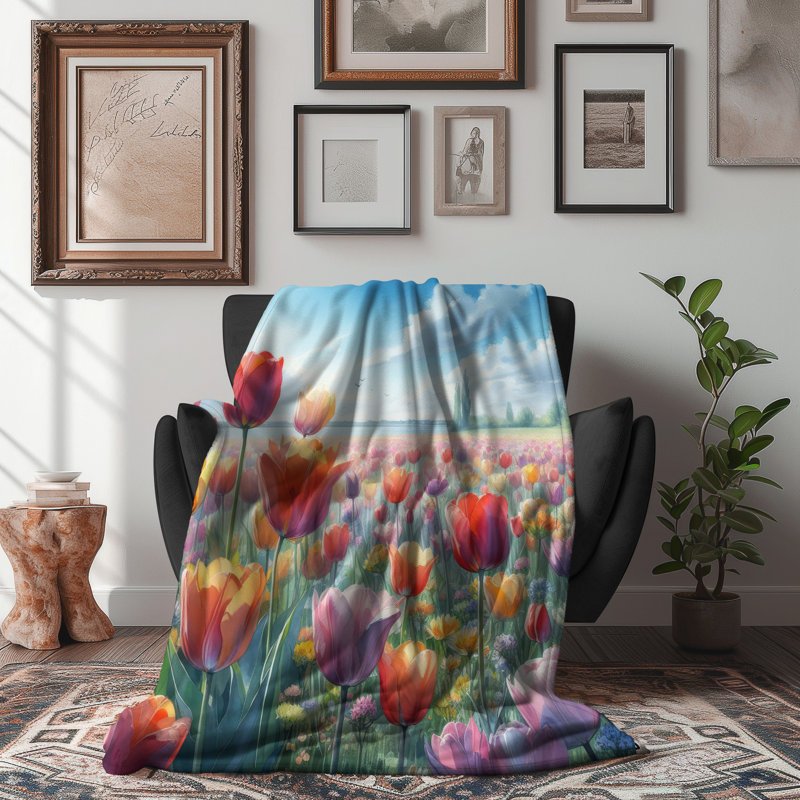Serene Tulip Horizon - couverture en sherpa de qualité supérieure 1 pièce - reproduction d'art luxueuse, Jeté