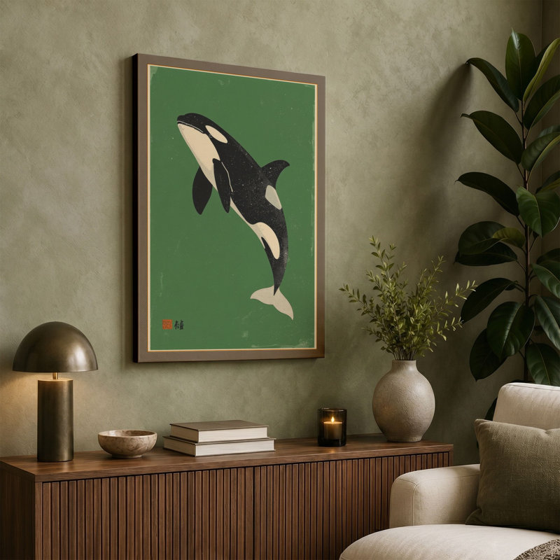 Leaping Whale Japandi - Wrapped Canvas, 36x24 - 91.4 x 61.0 cm, Black Border
