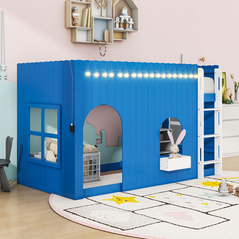 Loft Bed with LED Lights, Ladder and Versatile Underbed Study Space, Klein Blue, Twin