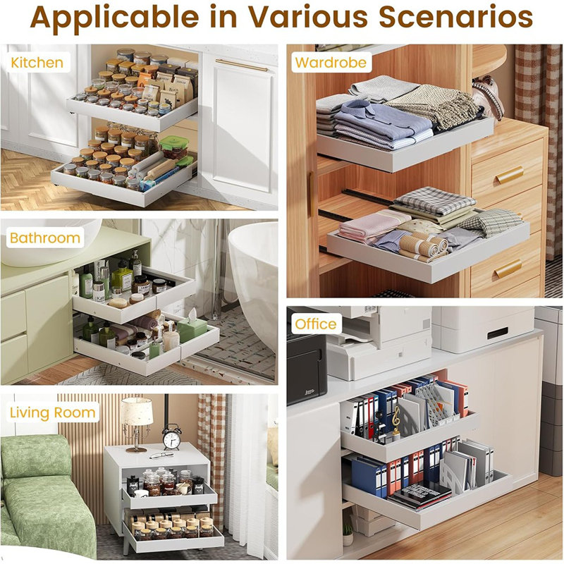 Pull-Out Cabinet Organizer, 2-Pack – Expandable 12–20” Width, 16–22” Depth, Slide-Out Roll-Out Drawers With 3 Rails