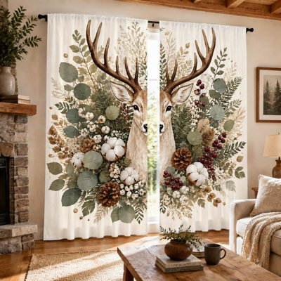2Pcs Deer and Botanical Print Sun Blocking Curtains, Vintage Rustic Woodland Nature, Cozy Farmhouse Style for Living Room Bedroom Decoration for Home Dector