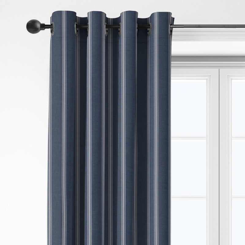 Shay Broad Ticking Stripe Dark Denim Cotton Grommet Top Drapery Panel Set of 2, 50" W  x 120" L