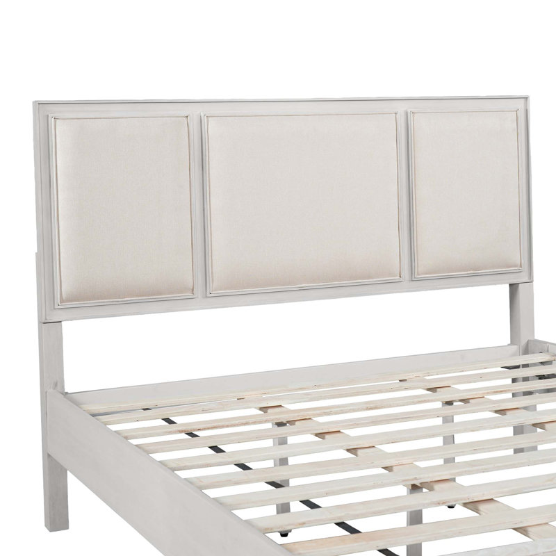 Sturdy Modern Farmhouse Bed Frame with Upholstered Headboard and Solid Platform