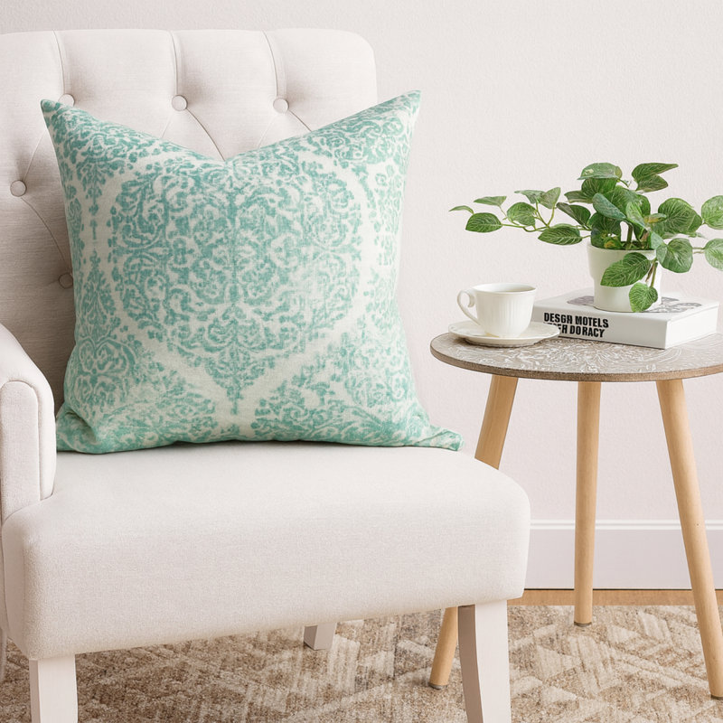 Damask Block Printed Accent Pillow, Aqua