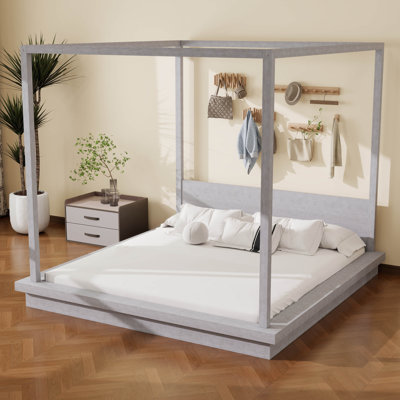 Lit à baldaquin en bois à profil bas avec tête de lit, lit plateforme à baldaquin rustique pour adolescents, adultes