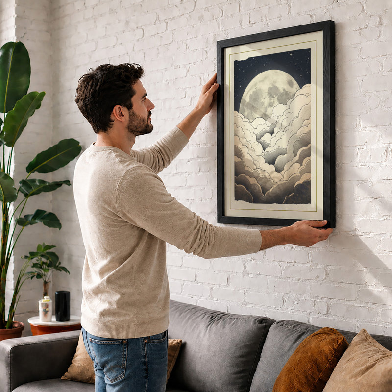 Moon Above Clouds Scandinavian - Framed Print, A1 - 84.1 x 59.4 cm, Black