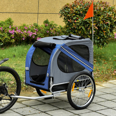 Chariot pour animaux de compagnie avec drapeau - roues tout-terrain, 3 entrées, bleu / gris, grand