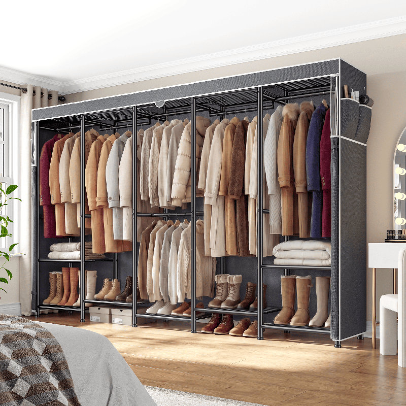 74.8"h X 90.6"w Wardrobe Closet With Zippered Cover, Garment Rack With Adjustable Hanging Rod, Shelves & Bottom Storage