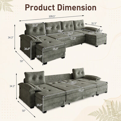 Canapé-lit en forme de U avec lit escamotable, canapé convertible 2-en-1, accoudoirs amovibles, ports de chargement USB et méridienne modulaire pour salon ou appartement.