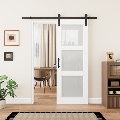 Aucun assemblage requis, porte de grange coulissante en verre givré 3-Lite avec portes en bois massif et garde-robe en bois manufacturé avec poignée double face