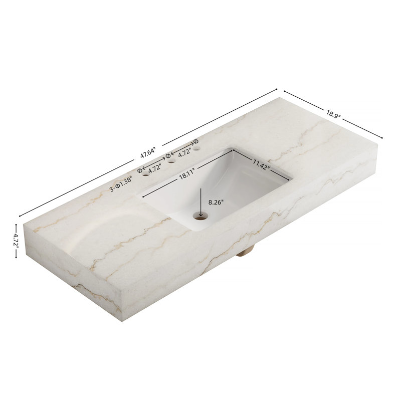 Comptoir LULA 48 po avec bordure en marbre blanc naturel, lavabo encastré en céramique avec 3 trous de robinetterie, sans robinetterie ni meuble, blanc