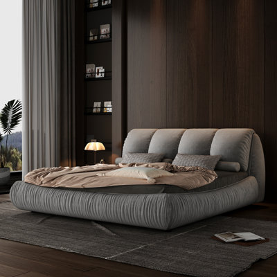 Lit plateforme tapissier gris avec matériau imperméable et structure de tête de lit ergonomique à lattes massives
