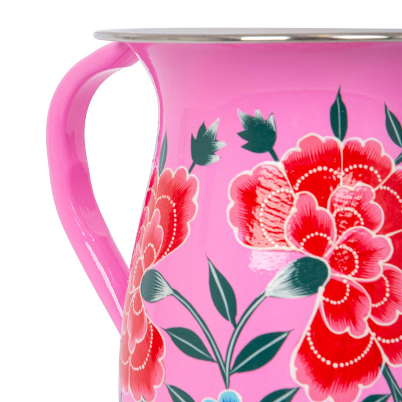 East Urban Home Hand-Painted Picnic Water Jug with 400ml Cups - 1.7L - Ocean Peony, Pink